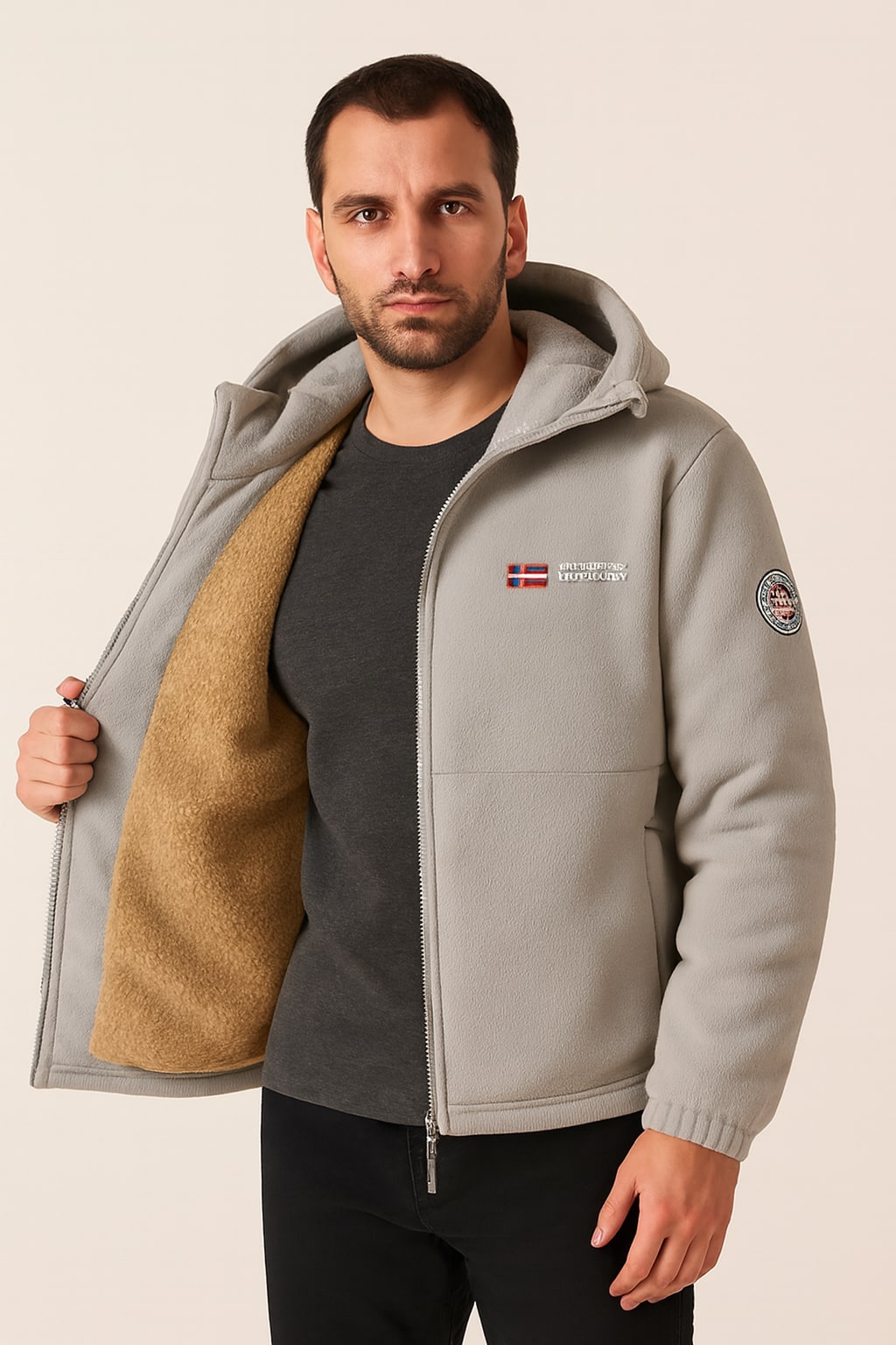 Men's Winter Jacket in grey, insulated structured coat, worn open to show the beige sherpa lining