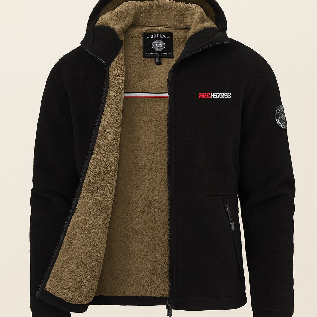 Inside view of the men's winter jacket in black showing the beige sherpa lining