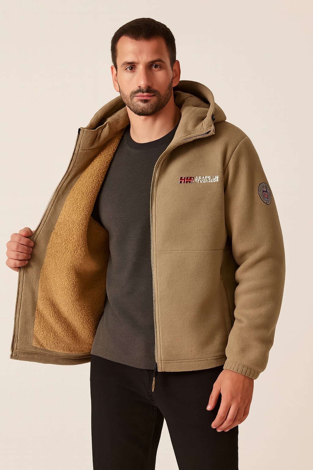 Men's Winter Jacket in khaki, insulated structured coat, worn open to show the beige sherpa lining