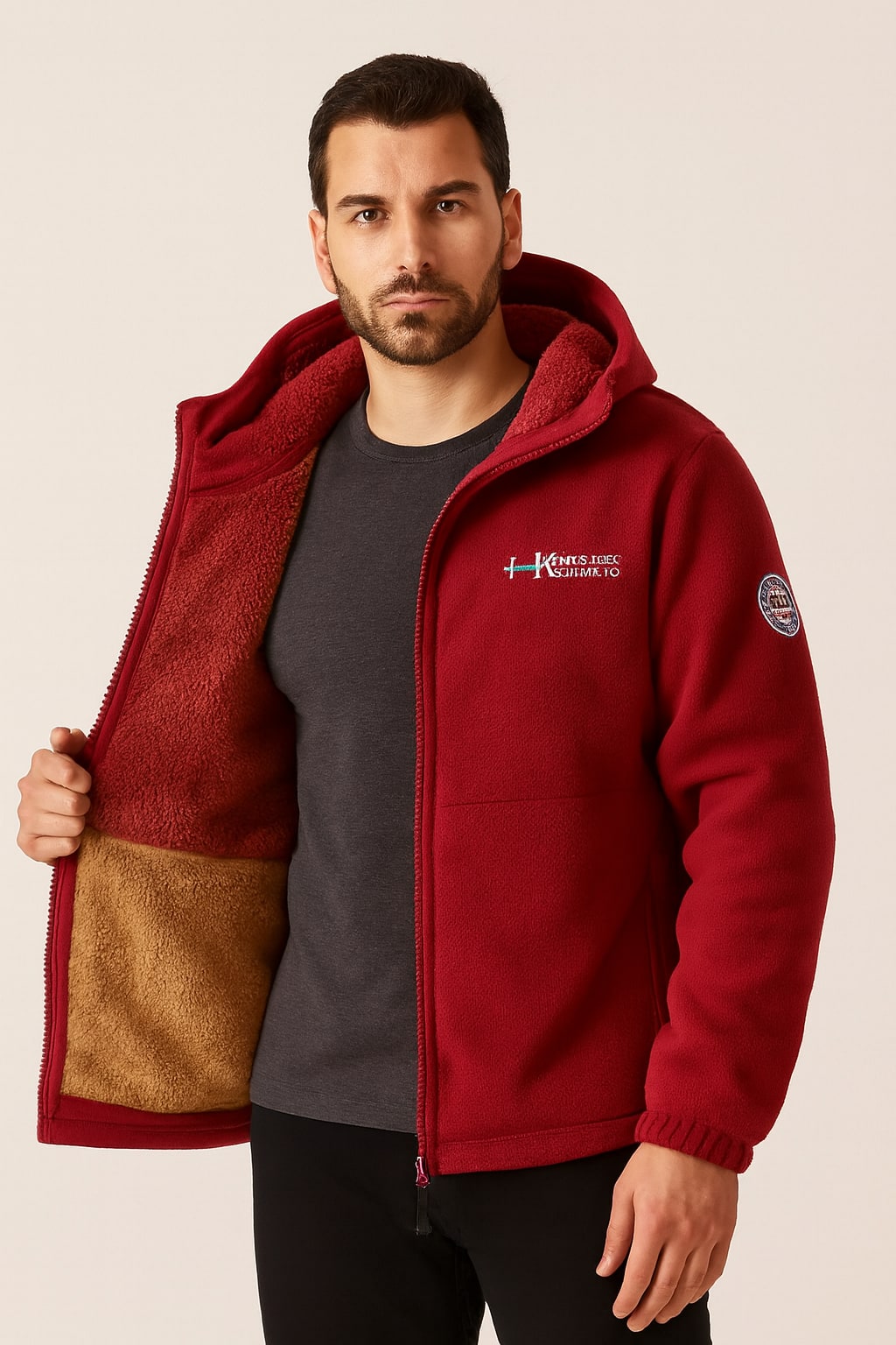 Men's Winter Jacket in red, insulated structured coat, worn open to show the beige sherpa lining