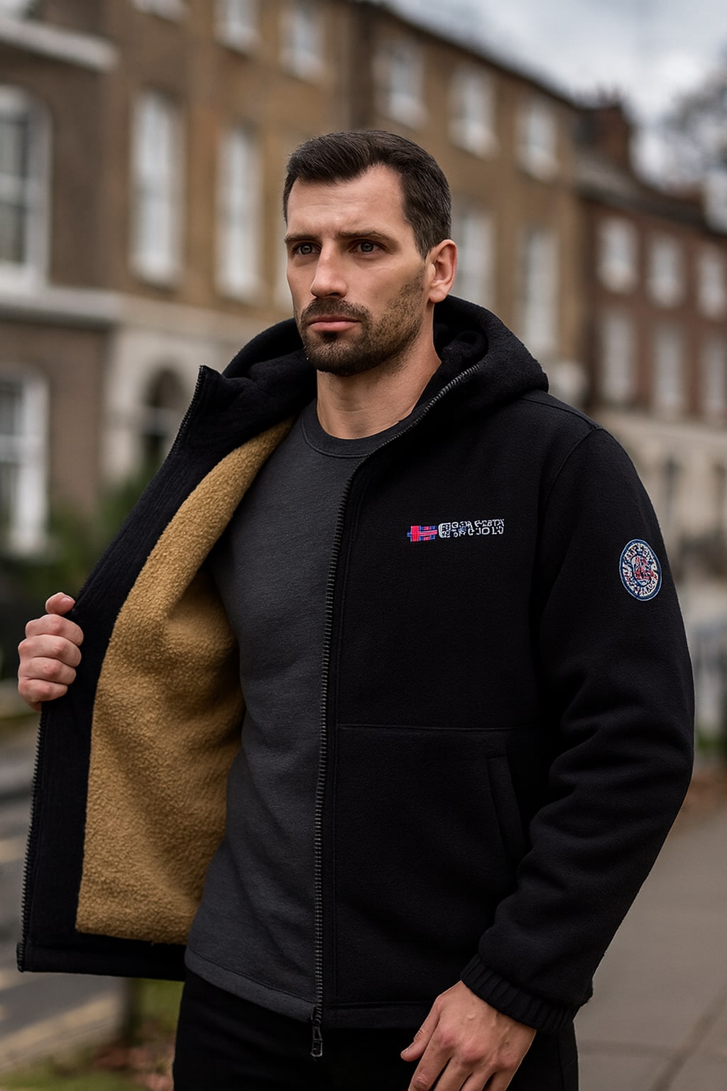 Man wearing the men's winter jacket on an autumn street