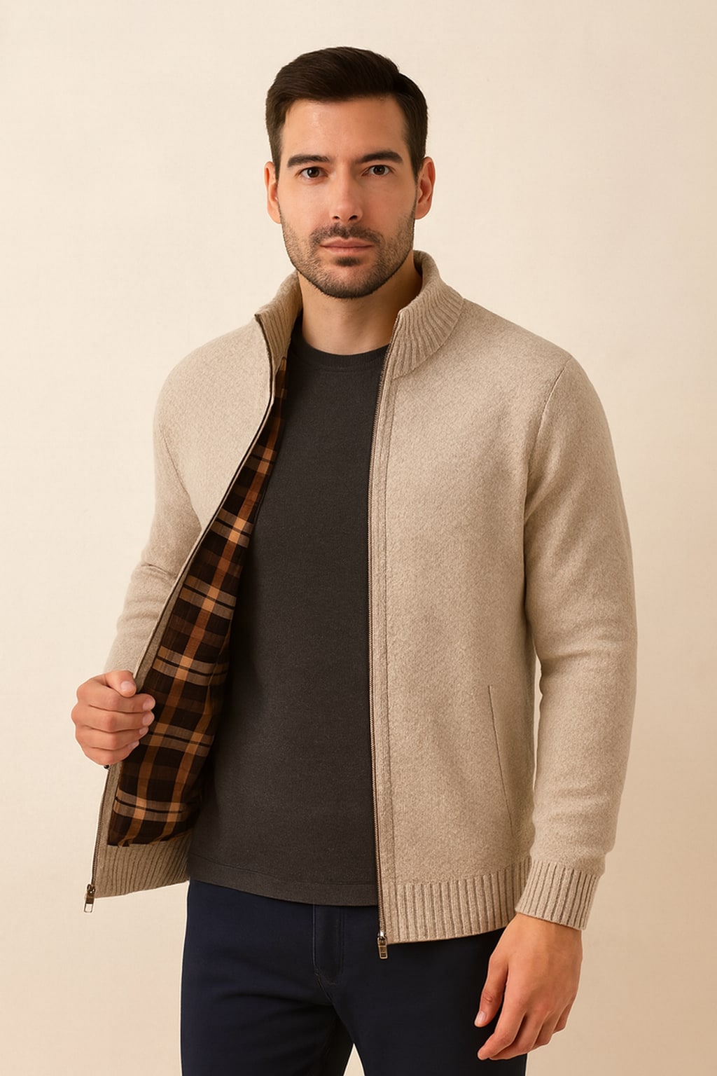 Men's Zip Up Cardigan in beige, check-lined knit jacket, worn open to show the tartan-check lining