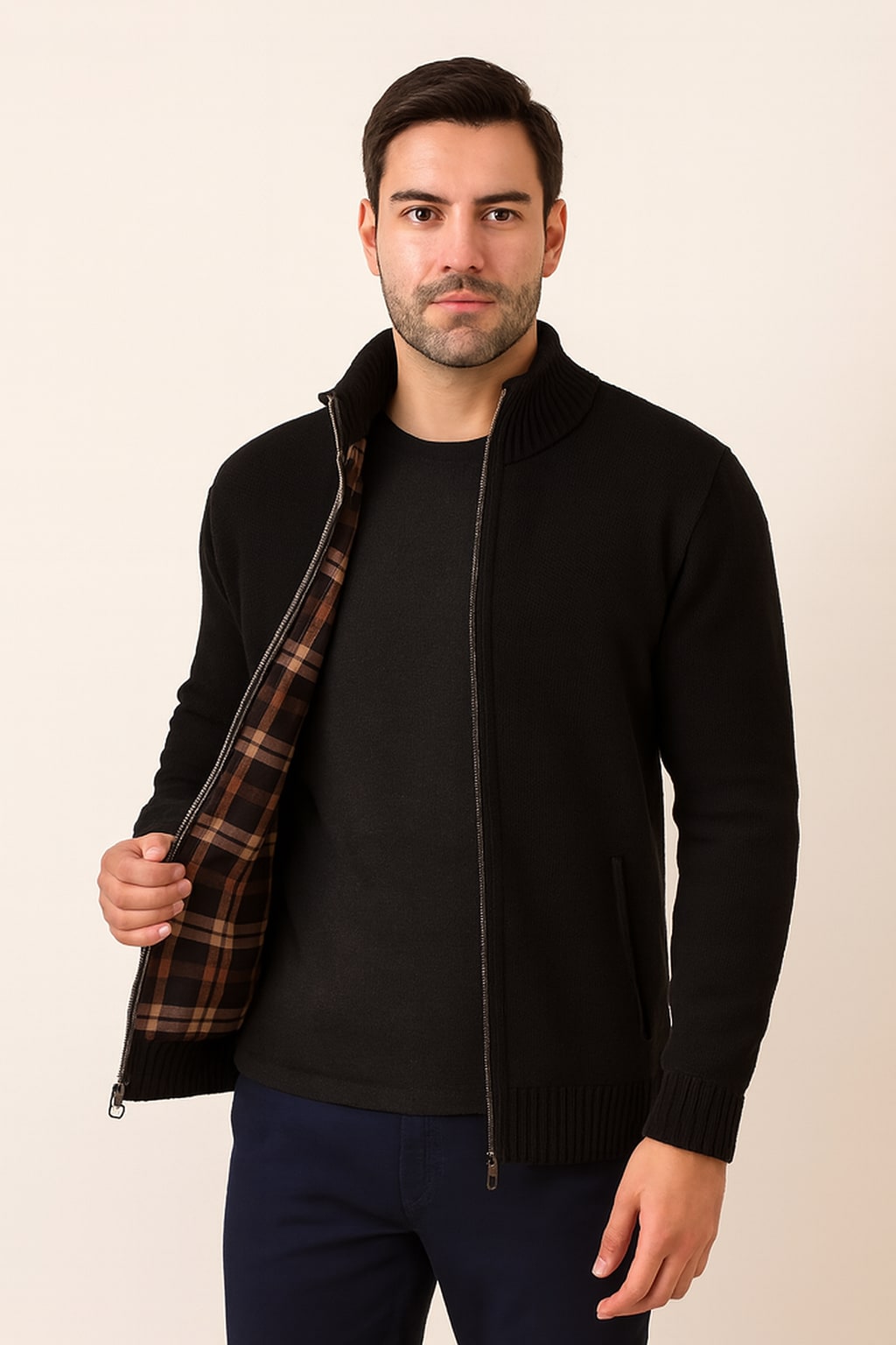 Men's Zip Up Cardigan in black, check-lined knit jacket, worn open to show the tartan-check lining