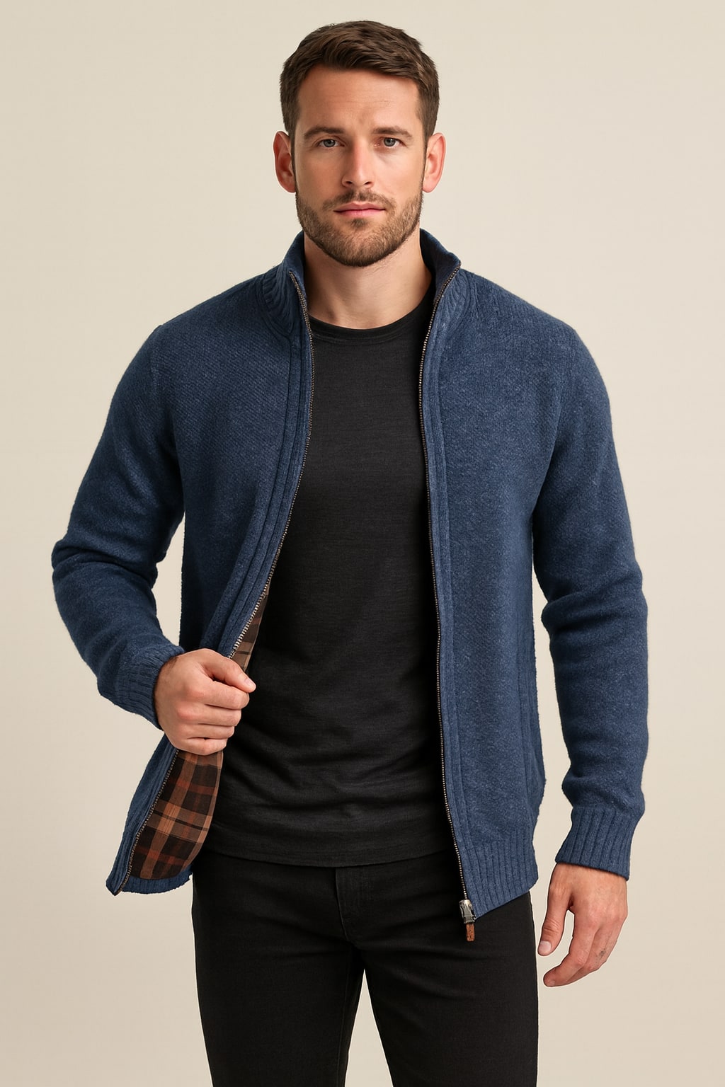 Men's Zip Up Cardigan in blue, check-lined knit jacket, worn open to show the tartan-check lining