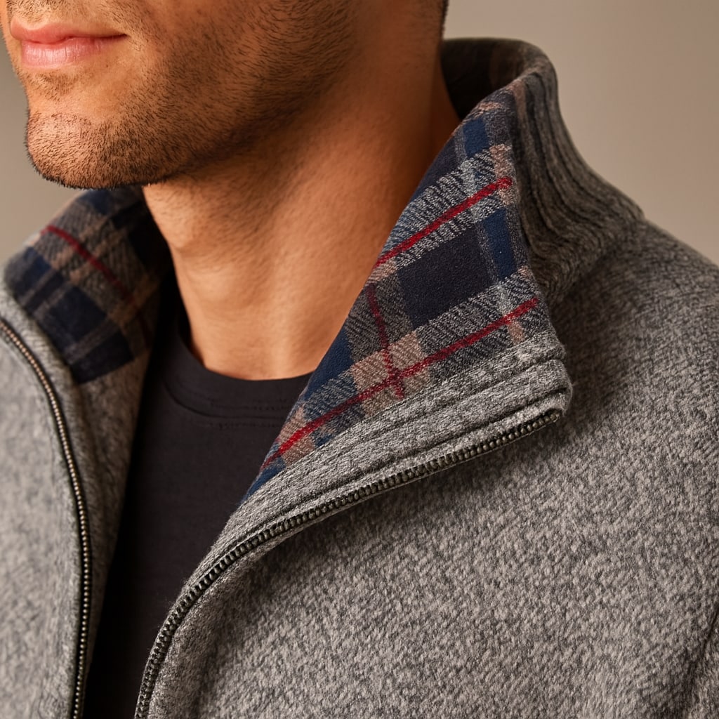 Close-up of the men's zip up cardigan showing the check lining at the collar