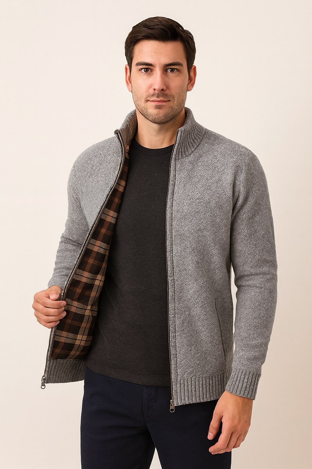 Men's Zip Up Cardigan in grey, check-lined knit jacket, worn open to show the tartan-check lining