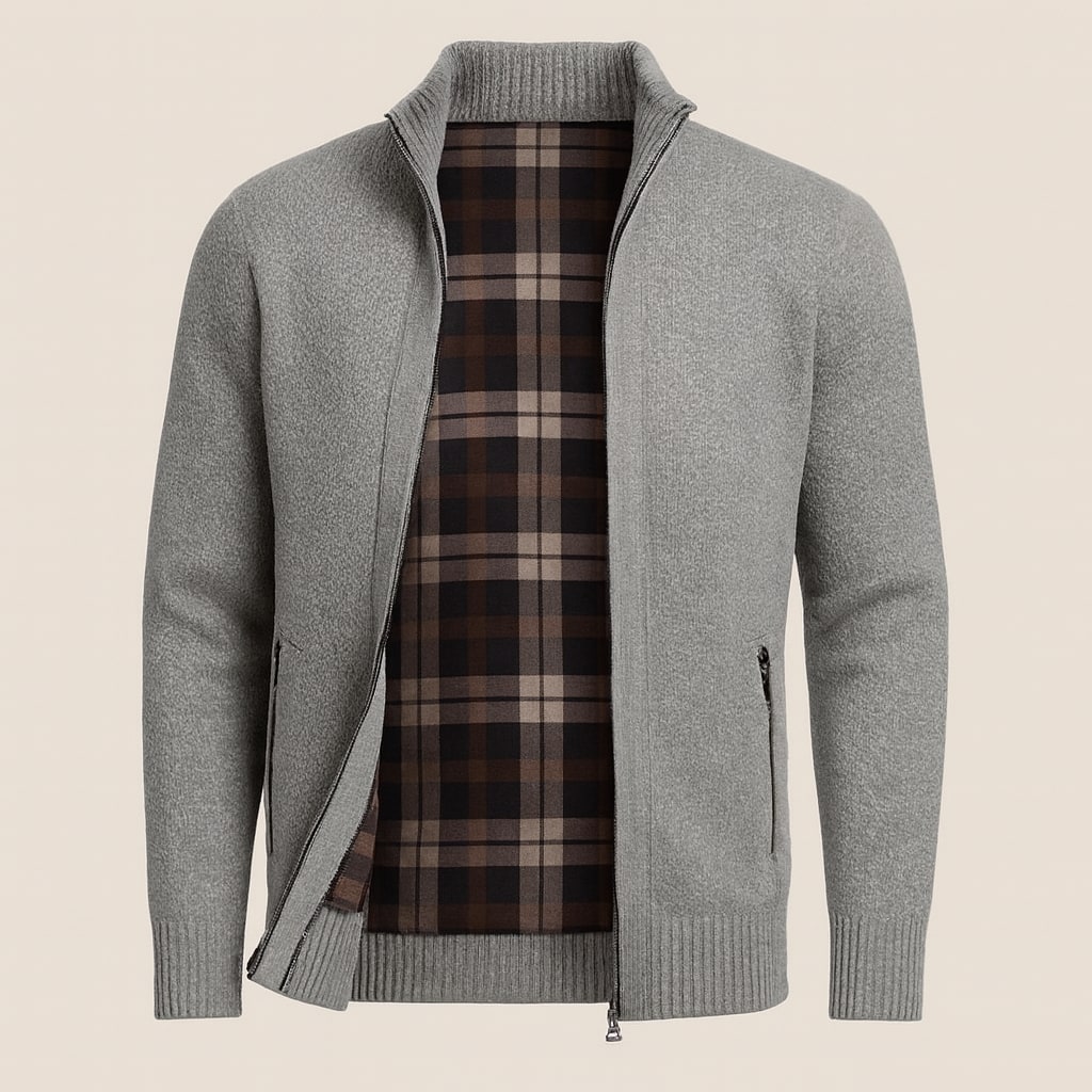 Inside view of the men's zip up cardigan in grey showing the tartan-check lining