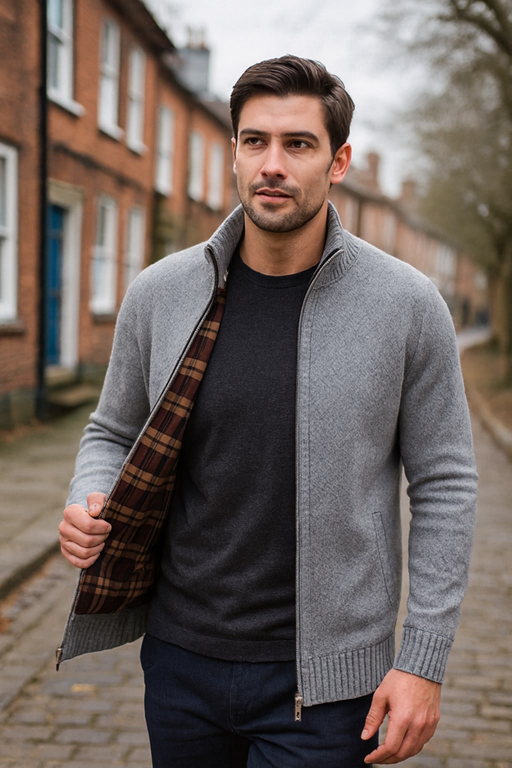 Man wearing the men's zip up cardigan on an autumn street