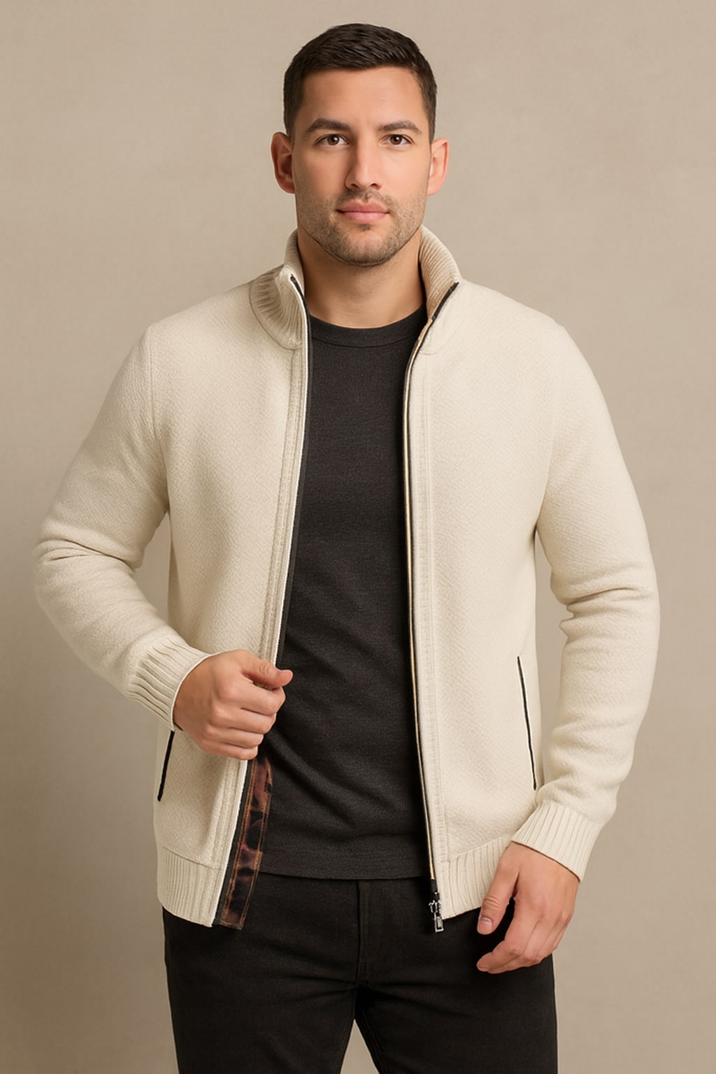Men's Zip Up Cardigan in white, check-lined knit jacket, worn open to show the tartan-check lining