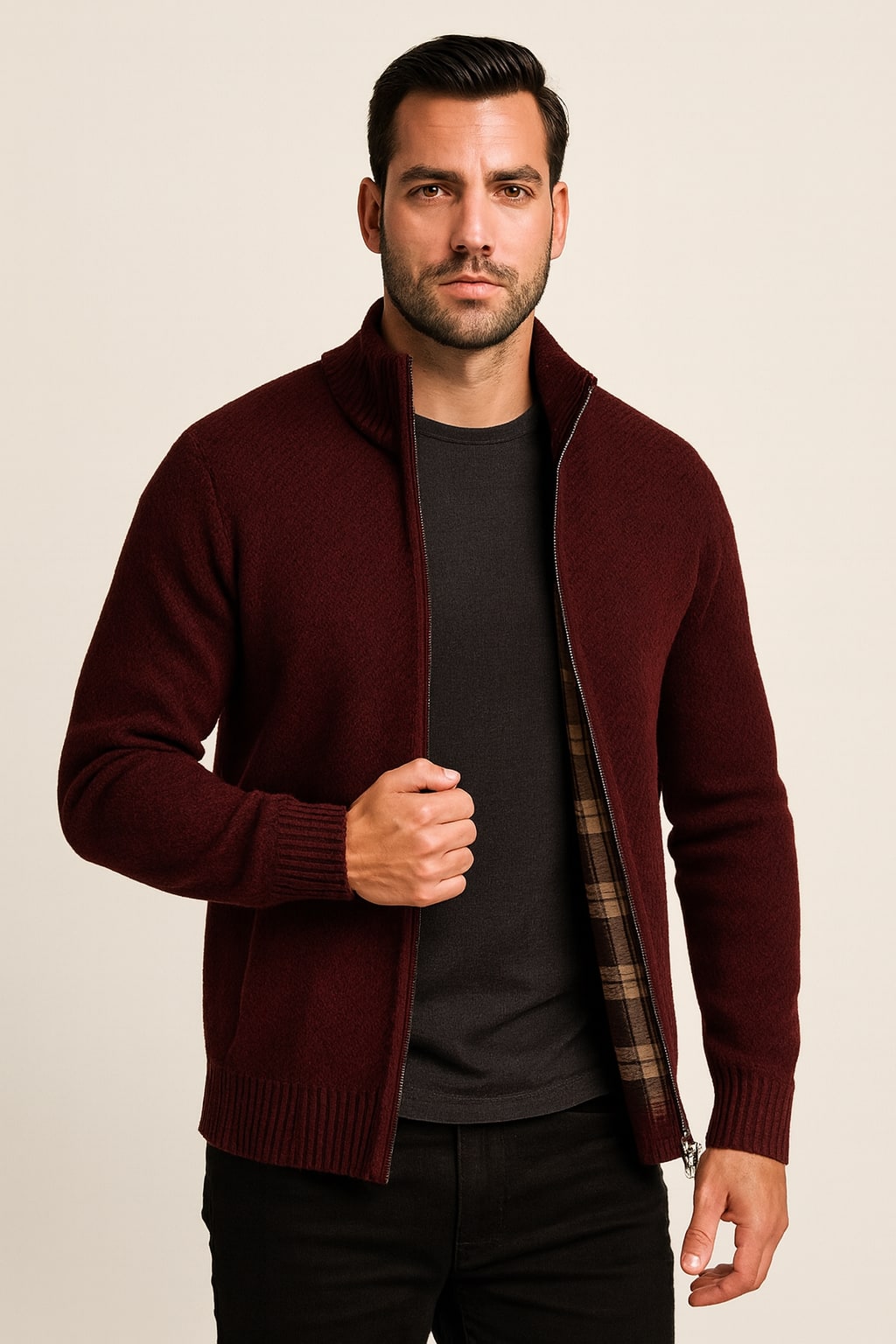 Men's Zip Up Cardigan in wine red, check-lined knit jacket, worn open to show the tartan-check lining