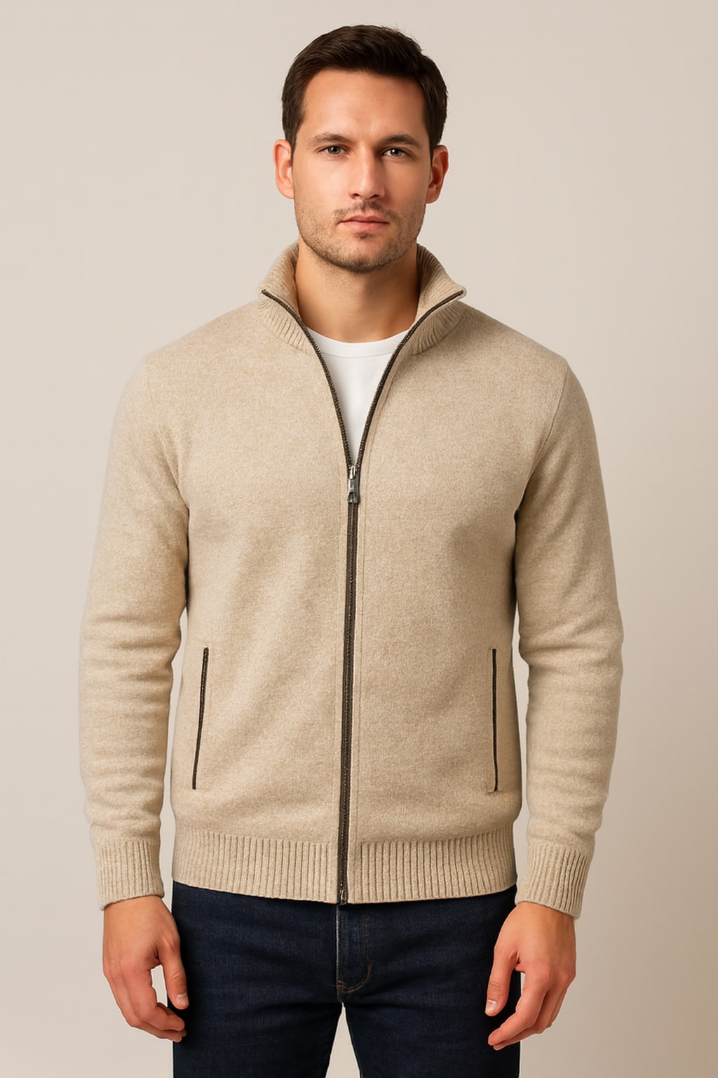 Men's Zip Up Cardigan in beige, knitted stand collar jacket, front view on a model