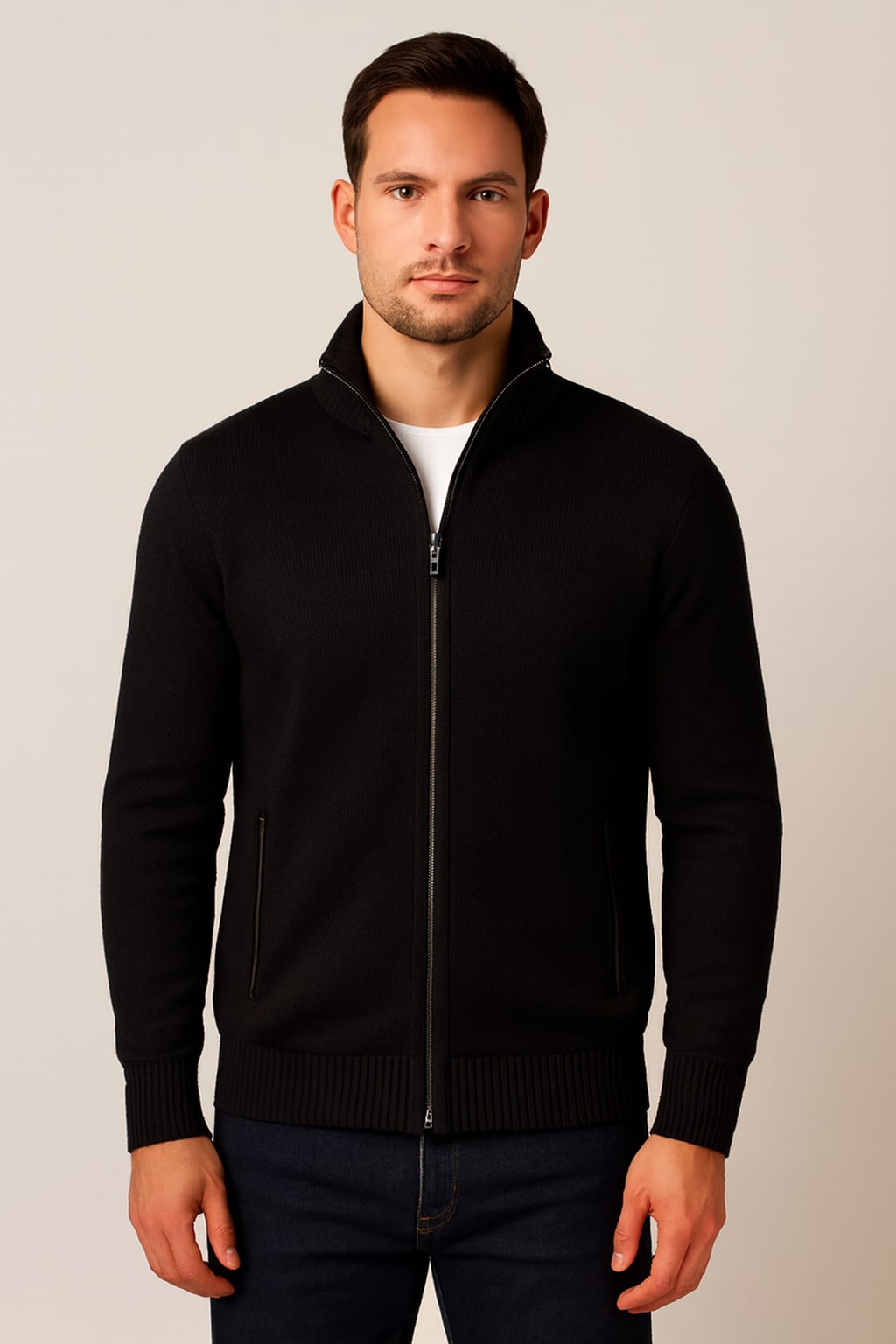 Men's Zip Up Cardigan in black, knitted stand collar jacket, front view on a model