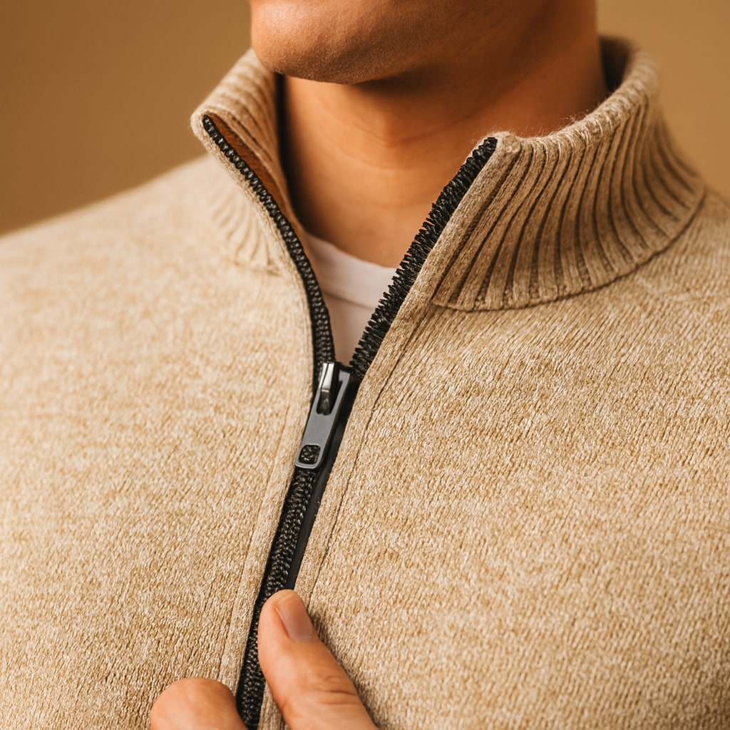 Close-up of the men's zip up cardigan showing the knit texture and zip