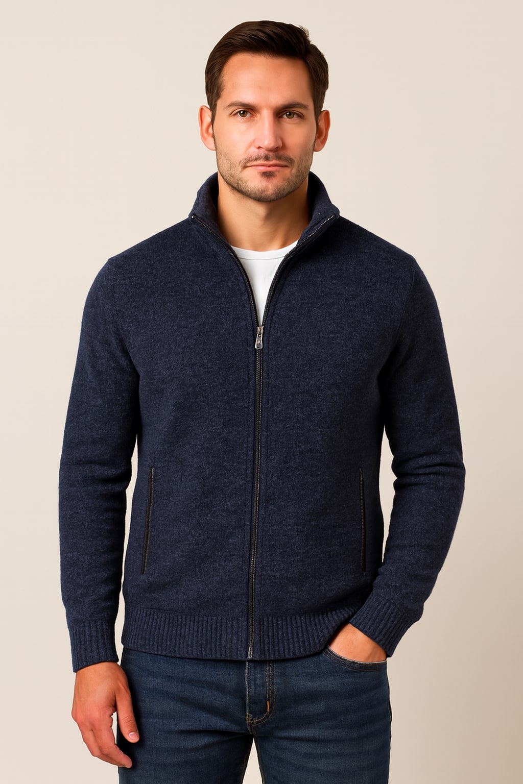 Men's Zip Up Cardigan in dark blue, knitted stand collar jacket, front view on a model