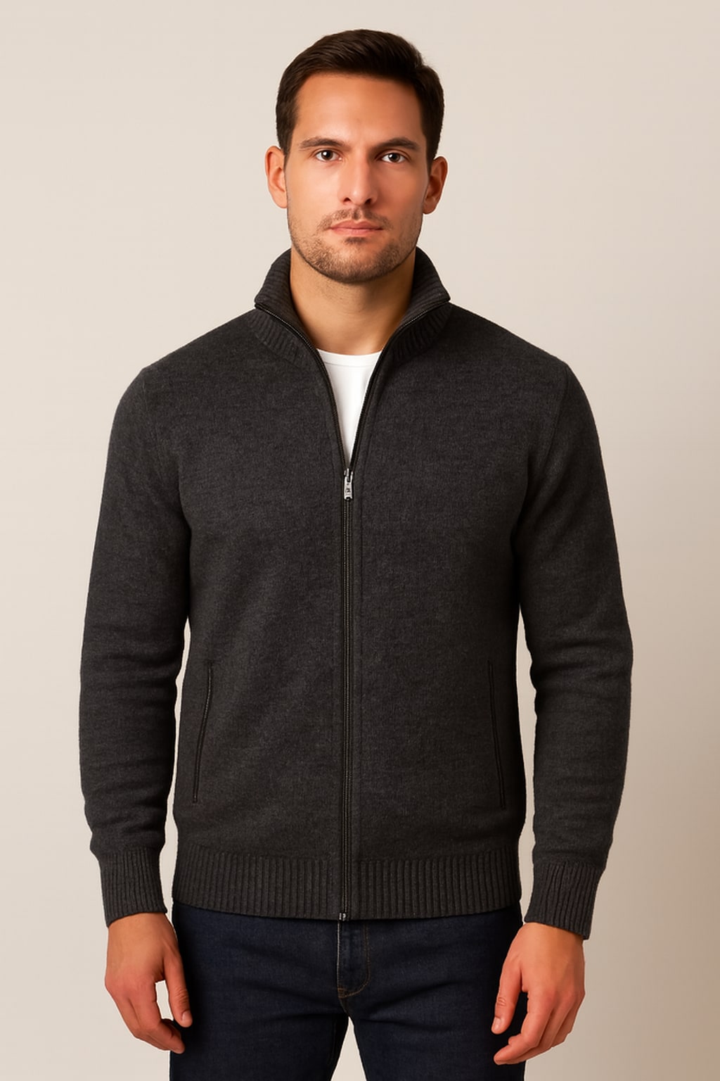 Men's Zip Up Cardigan in dark grey, knitted stand collar jacket, front view on a model