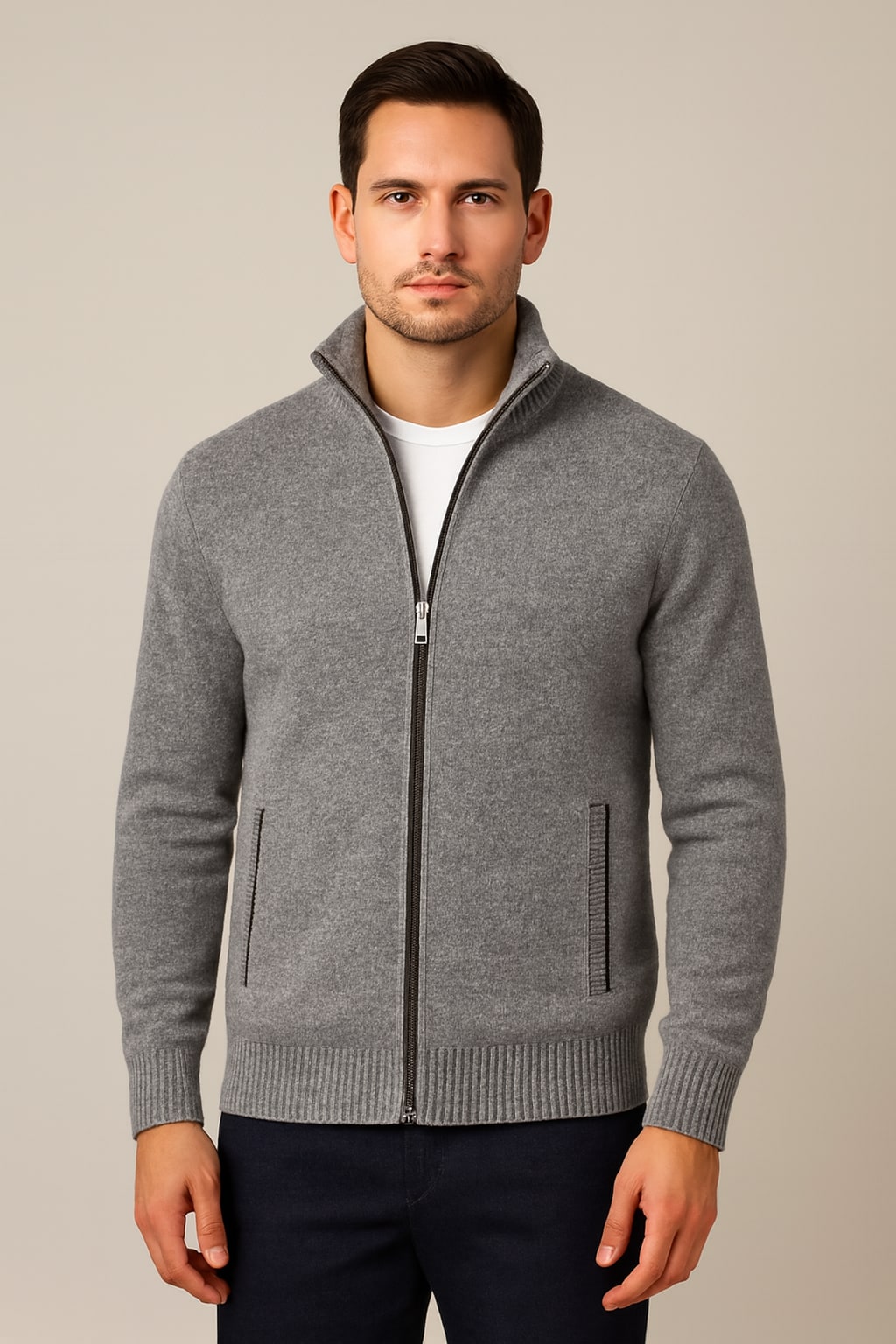 Men's Zip Up Cardigan in light grey, knitted stand collar jacket, front view on a model