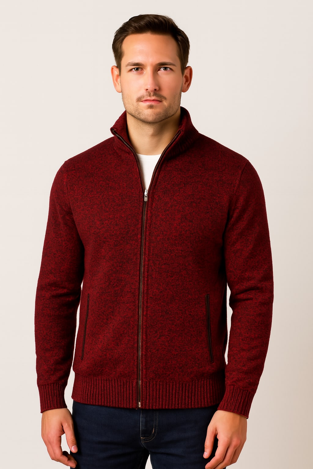 Men's Zip Up Cardigan in red, knitted stand collar jacket, front view on a model