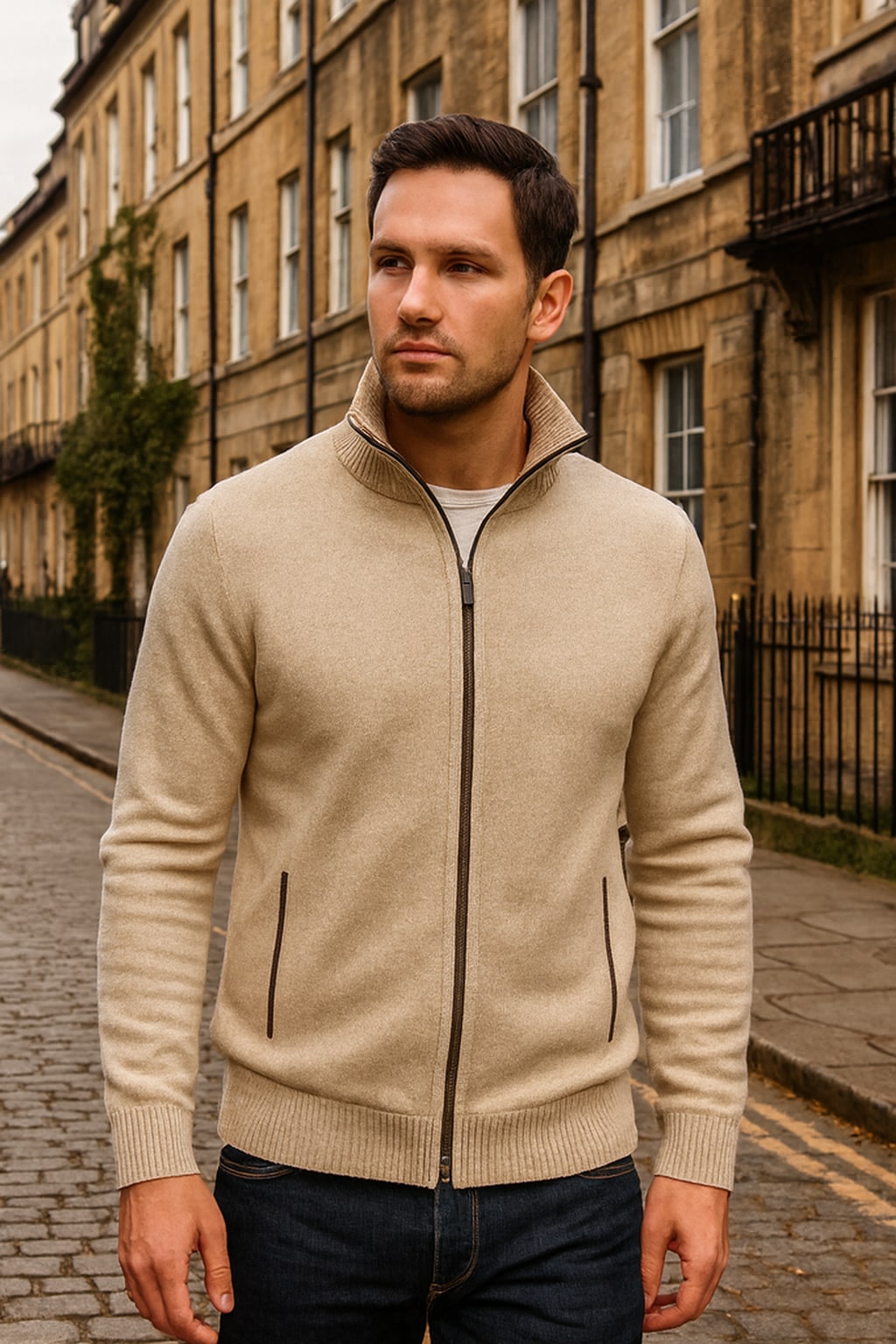 Man wearing the men's zip up cardigan on an autumn street