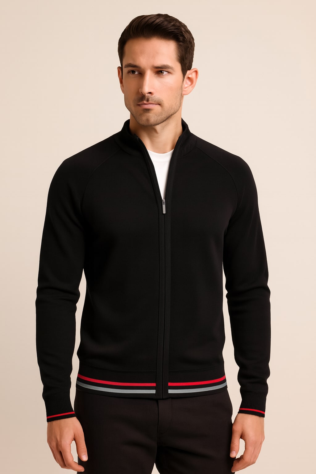 Men's Zip Up Cardigan in black, striped full-zip knit, front view on a model