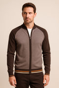 Men's Zip Up Cardigan in brown, striped full-zip knit, front view on a model