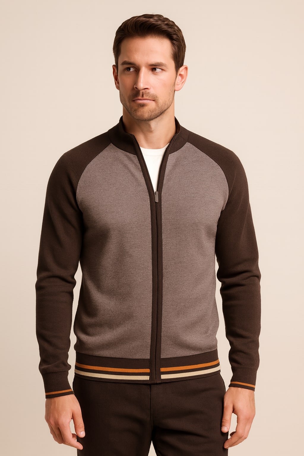 Men's Zip Up Cardigan in brown, striped full-zip knit, front view on a model