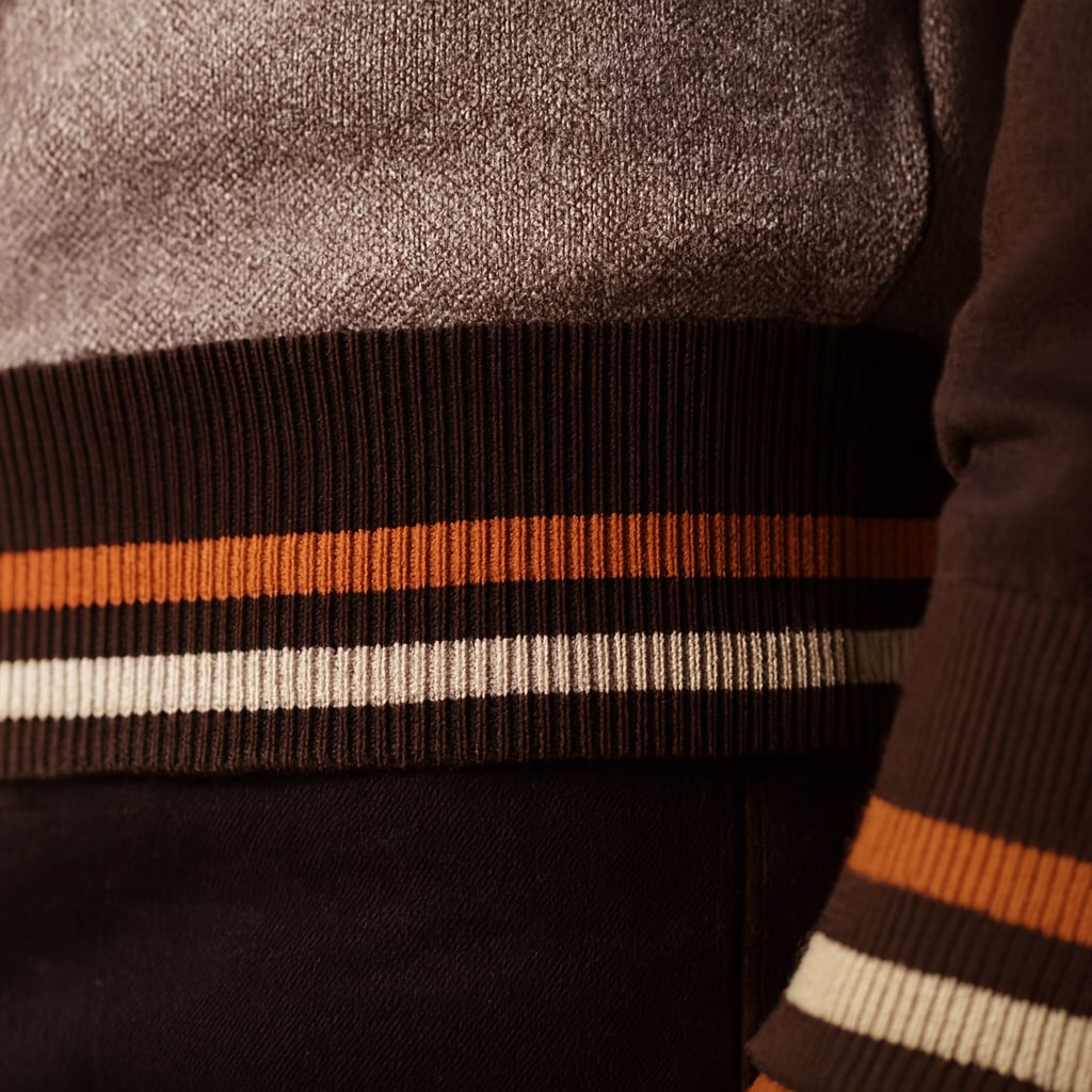 Close-up of the men's zip up cardigan showing the striped ribbed hem