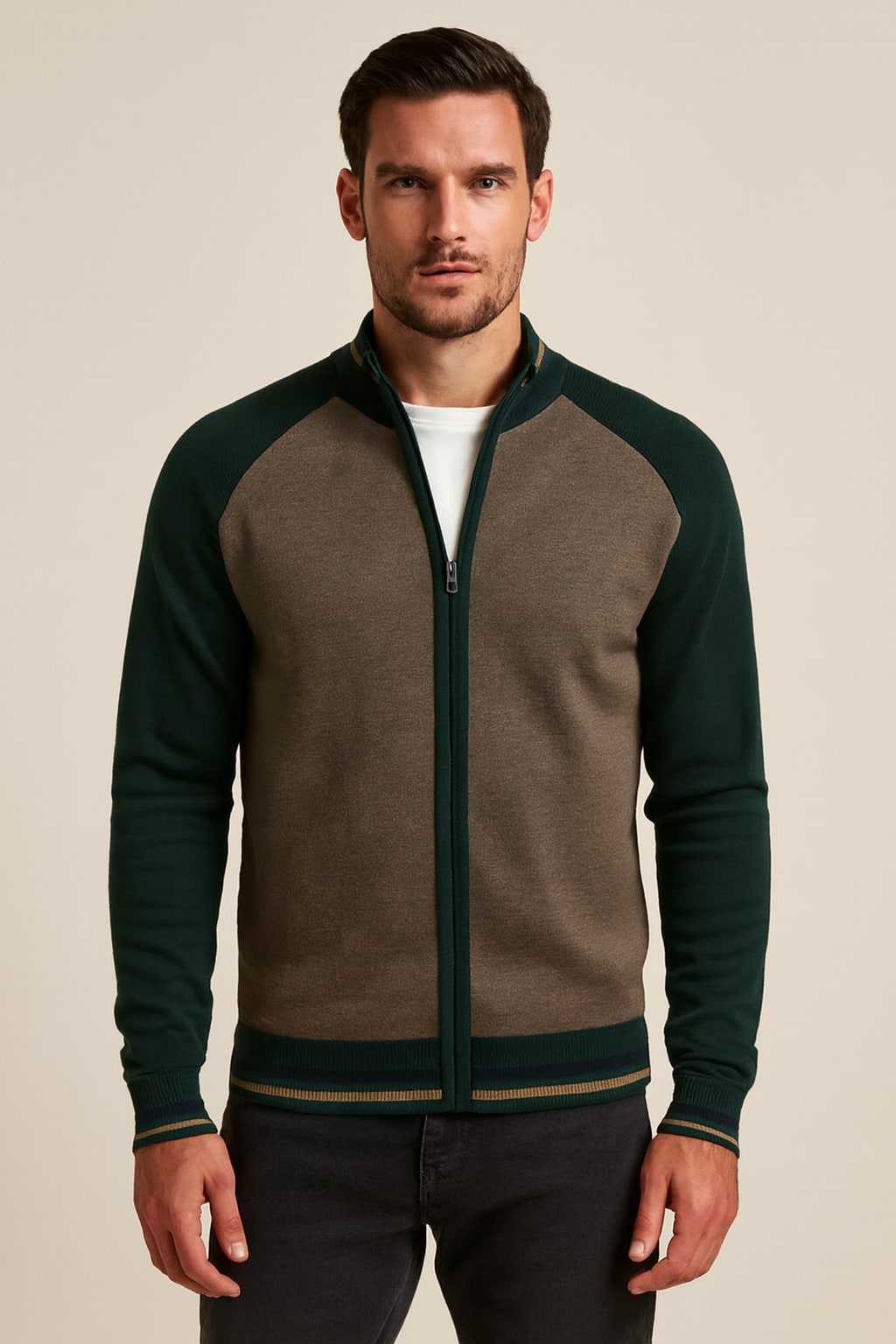 Men's Zip Up Cardigan in green, striped full-zip knit, front view on a model