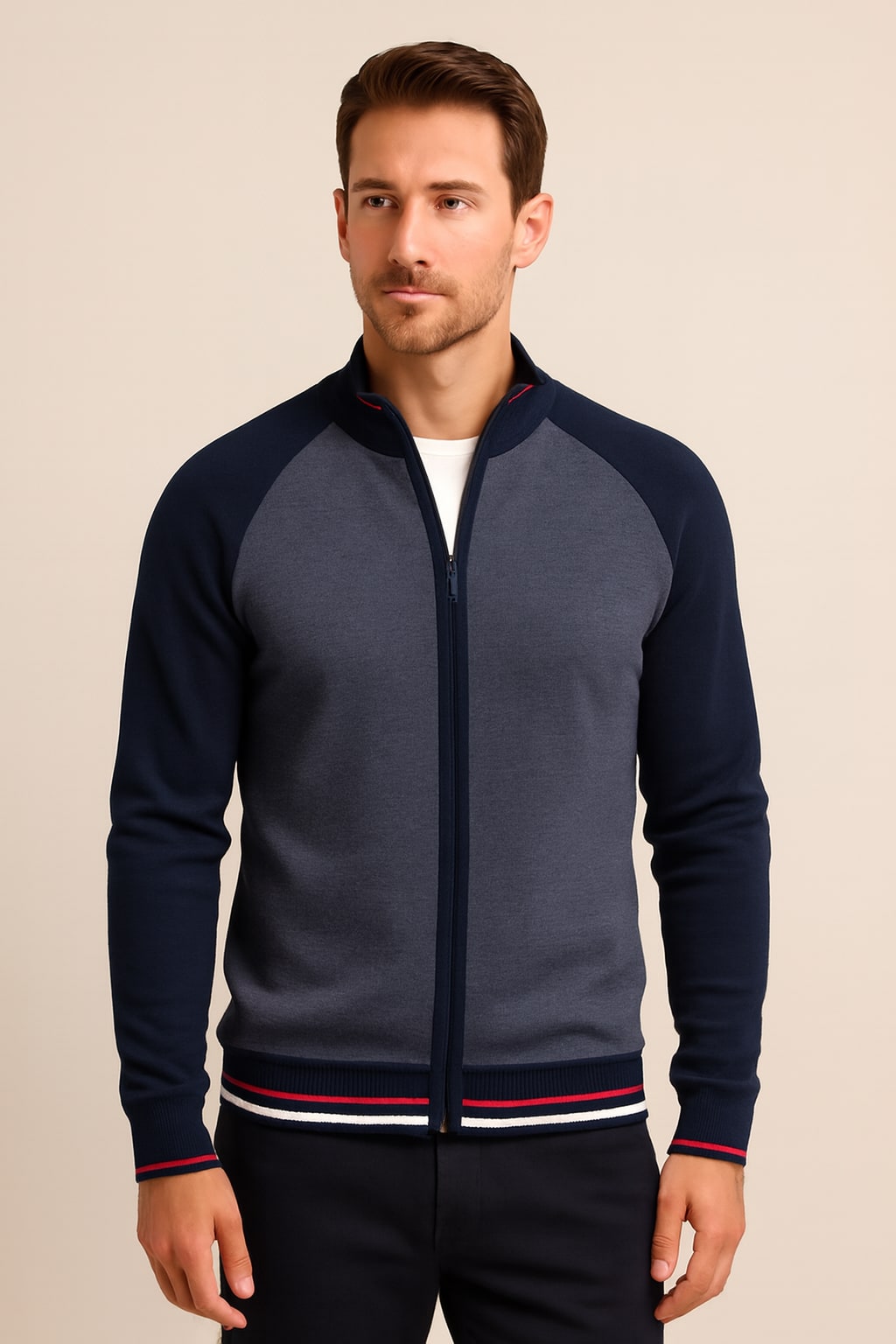 Men's Zip Up Cardigan in navy, striped full-zip knit, front view on a model