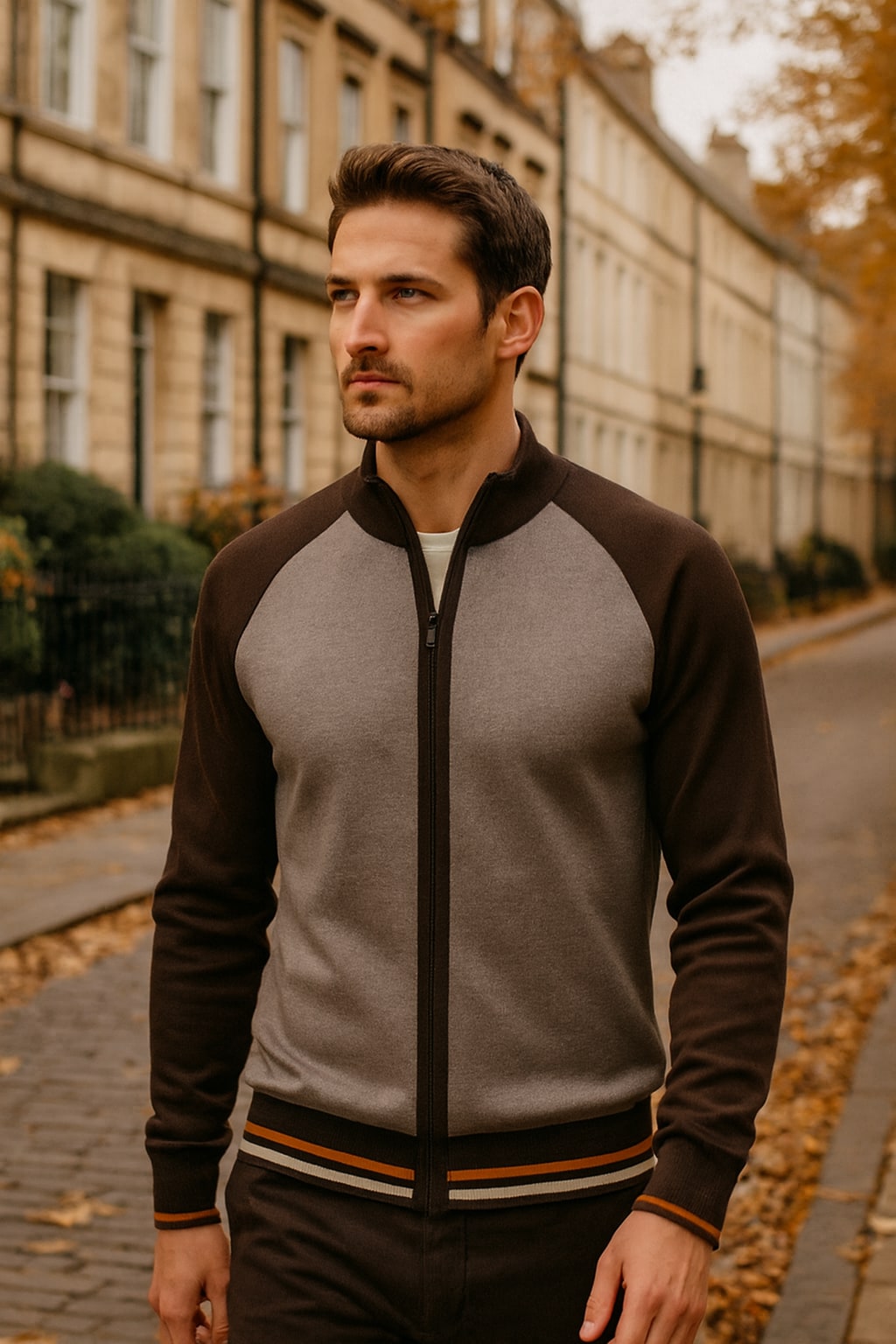 Man wearing the men's zip up cardigan on an autumn street