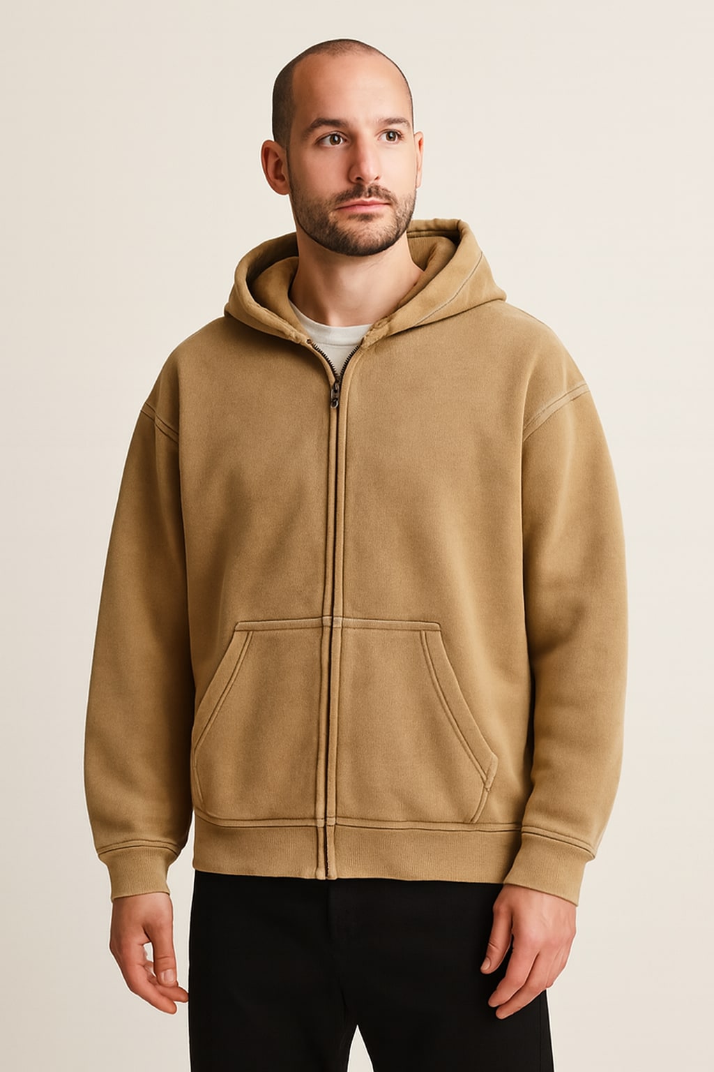 Men's Zip Up Hoodie in beige, full-zip drawstring hood, front view on a model