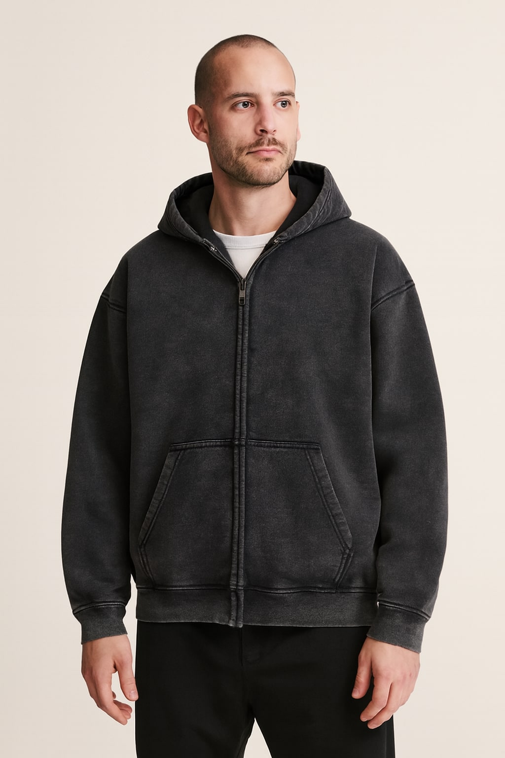 Men's Zip Up Hoodie in black, full-zip drawstring hood, front view on a model