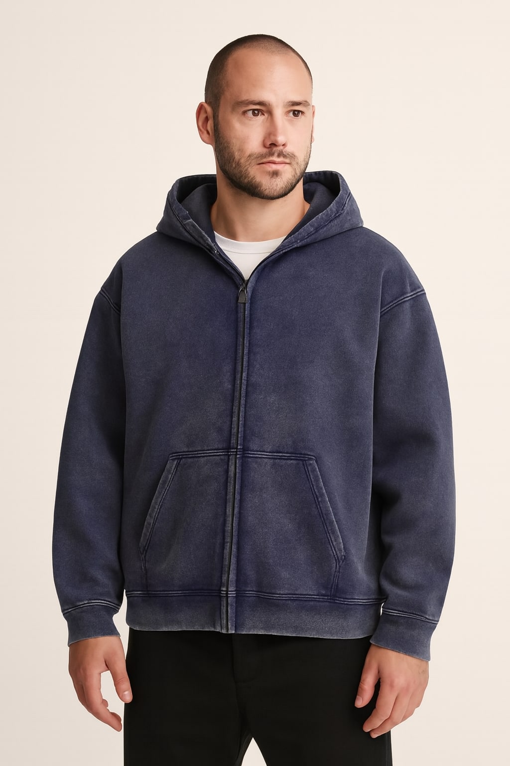 Men's Zip Up Hoodie in blue, full-zip drawstring hood, front view on a model