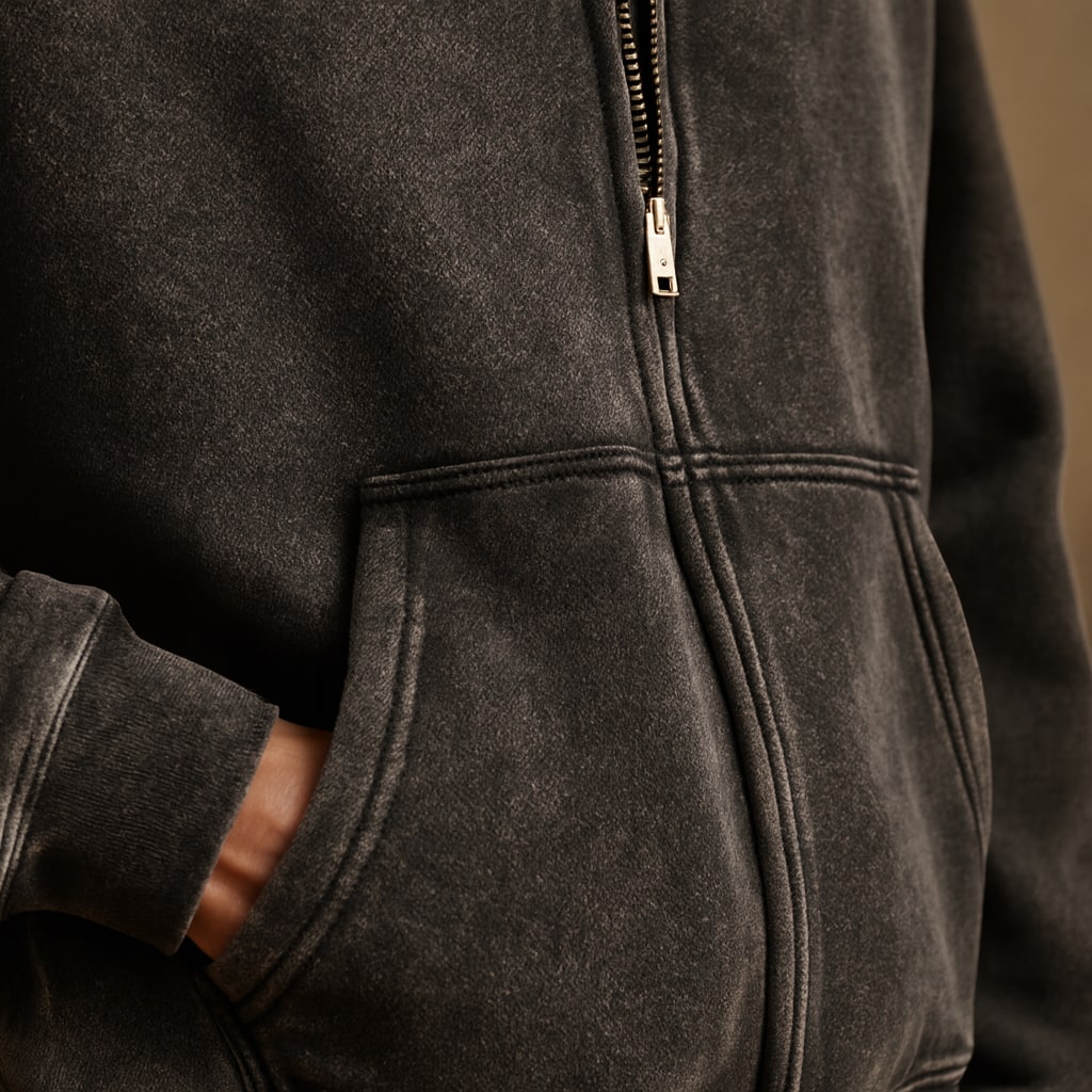 Close-up of the men's zip up hoodie showing the washed fabric and zip