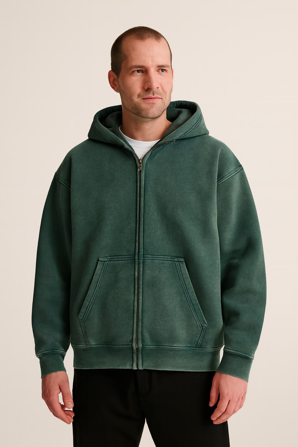 Men's Zip Up Hoodie in green, full-zip drawstring hood, front view on a model