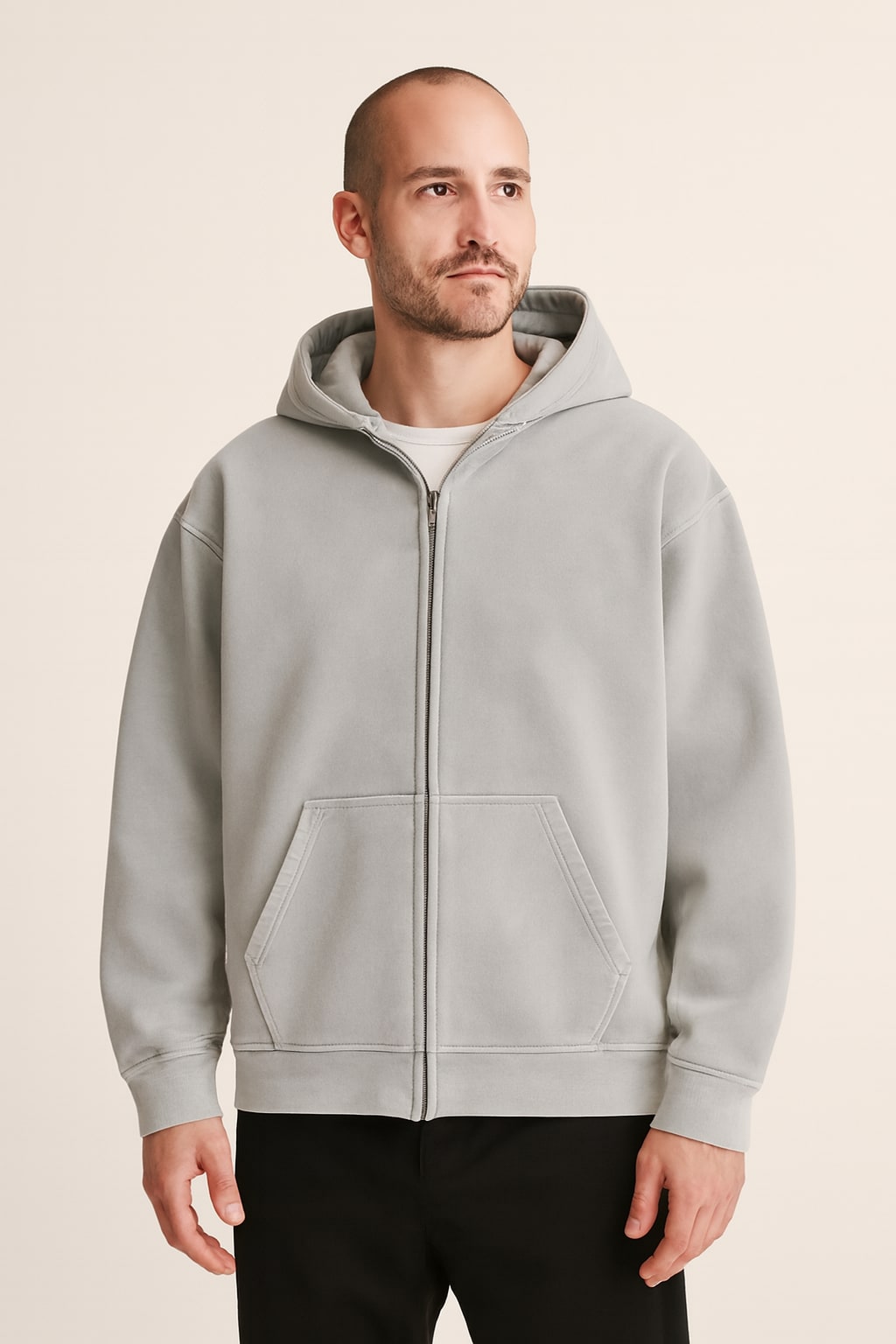 Men's Zip Up Hoodie in grey, full-zip drawstring hood, front view on a model