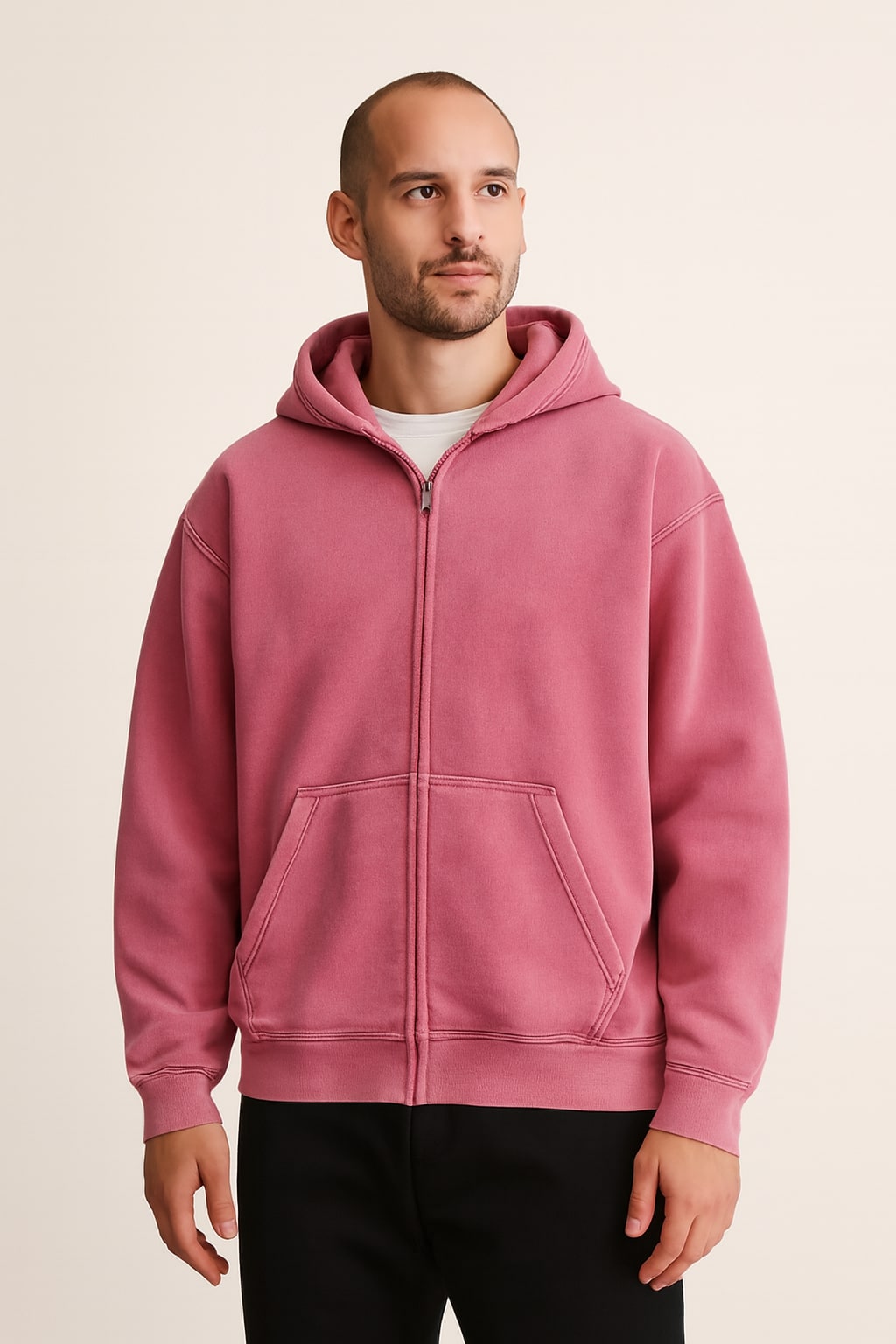 Men's Zip Up Hoodie in pink, full-zip drawstring hood, front view on a model