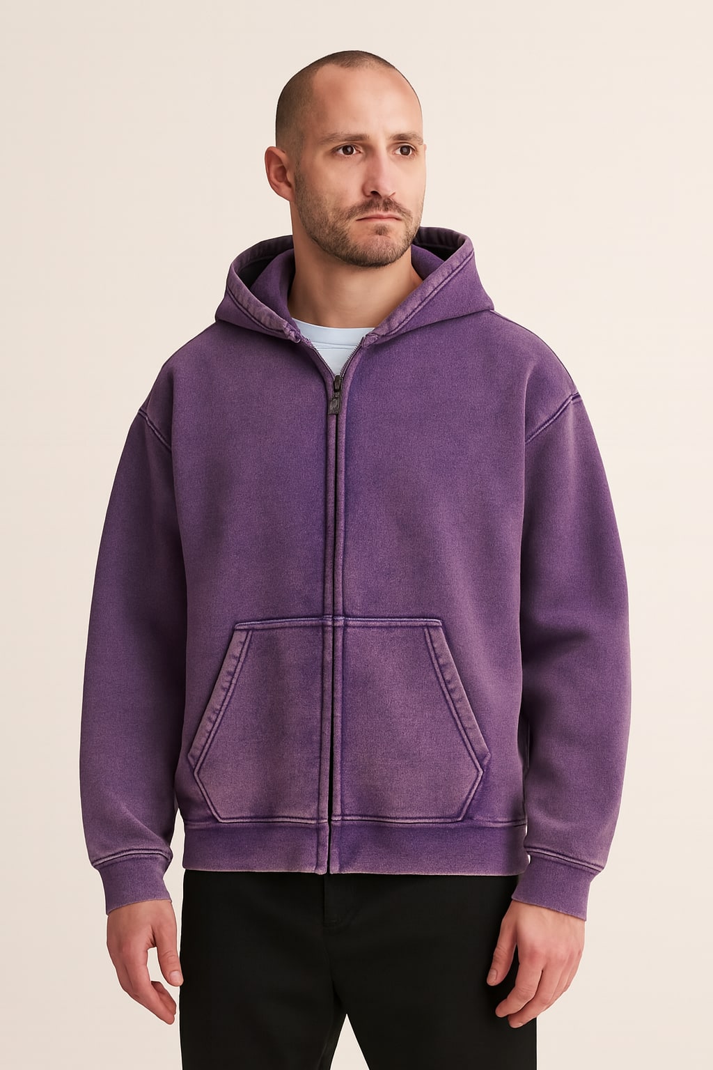 Men's Zip Up Hoodie in purple, full-zip drawstring hood, front view on a model