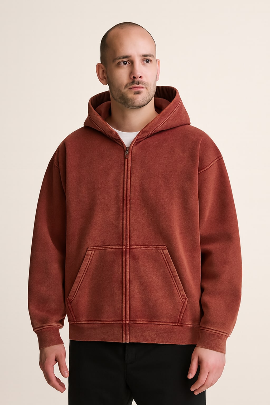 Men's Zip Up Hoodie in red, full-zip drawstring hood, front view on a model
