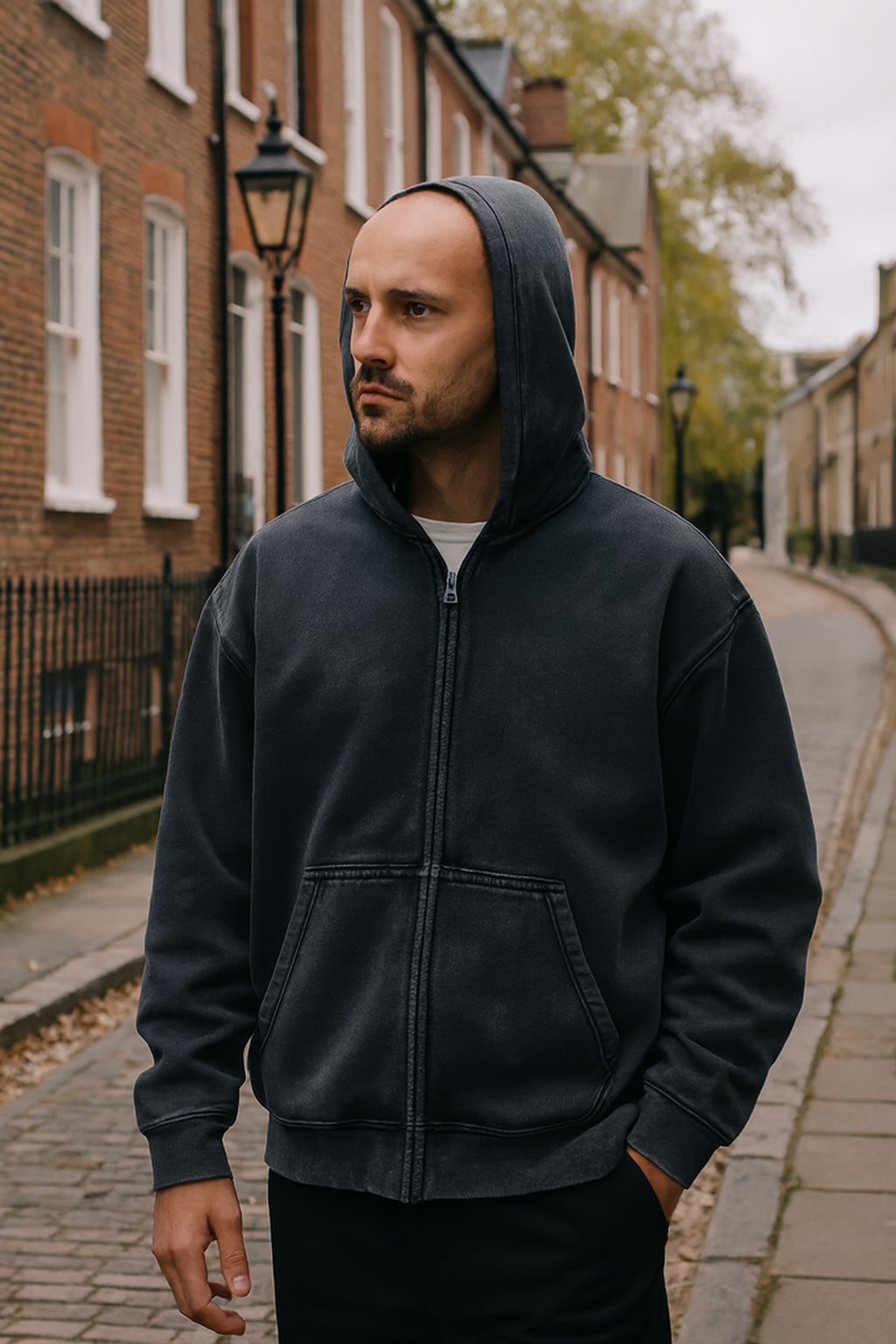Man wearing the men's zip up hoodie on an autumn street