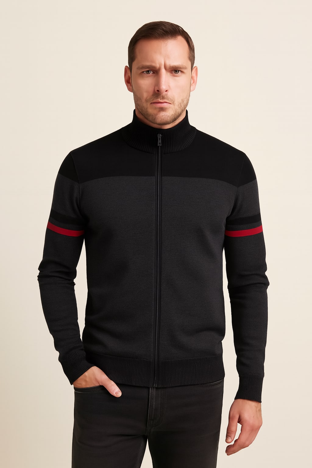 Men's Zip Up Jumper in black, colour block stand collar knit, front view on a model