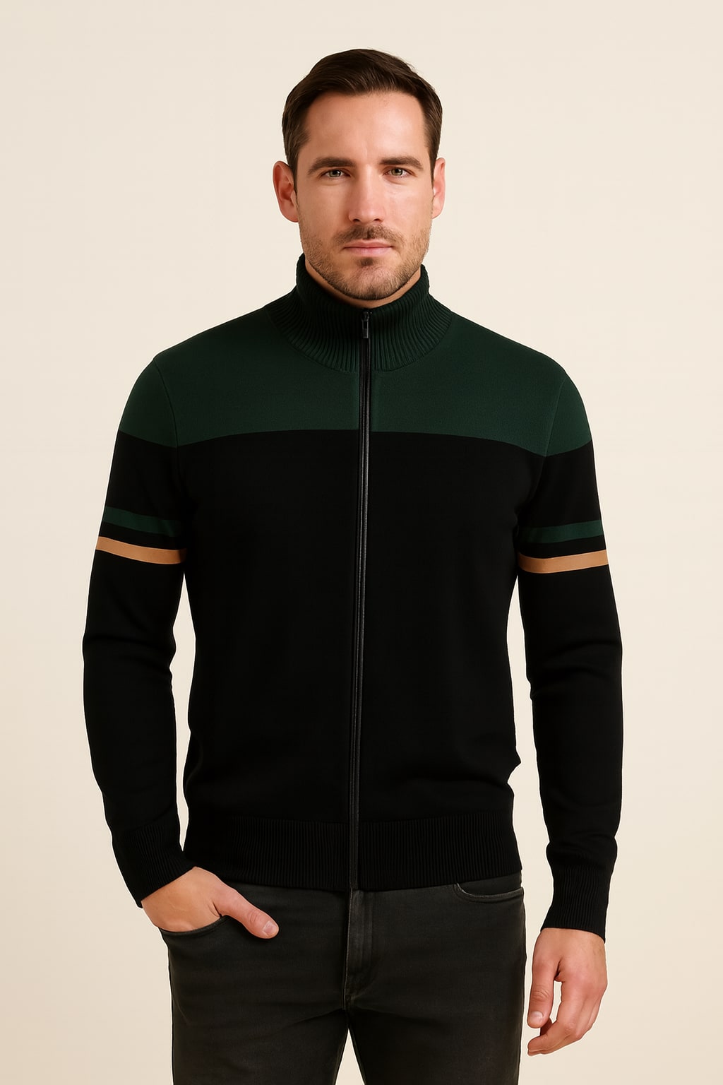 Men's Zip Up Jumper in dark green, colour block stand collar knit, front view on a model