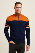 Men's Zip Up Jumper in orange, colour block stand collar knit, front view on a model