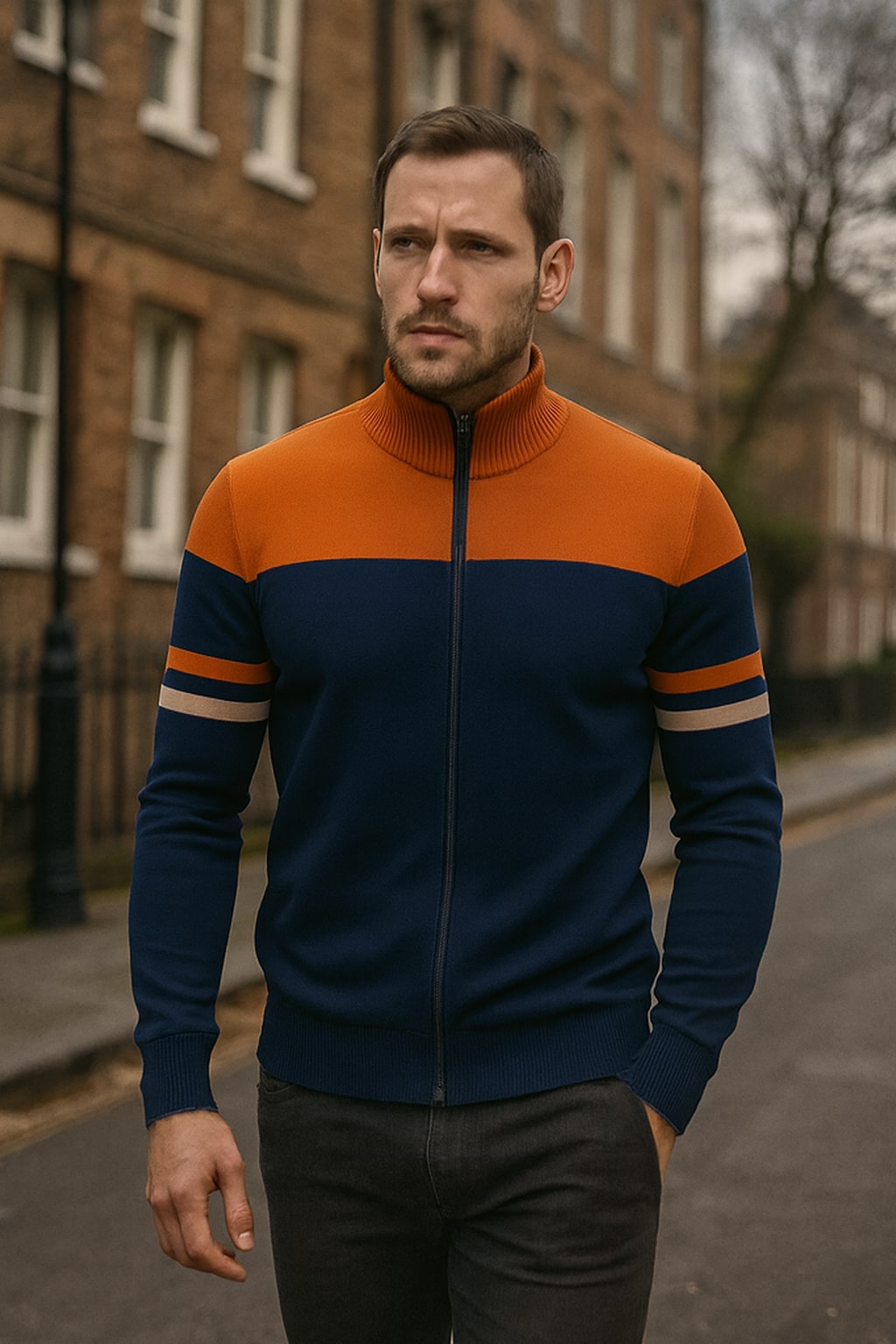 Man wearing the men's zip up jumper on an autumn street