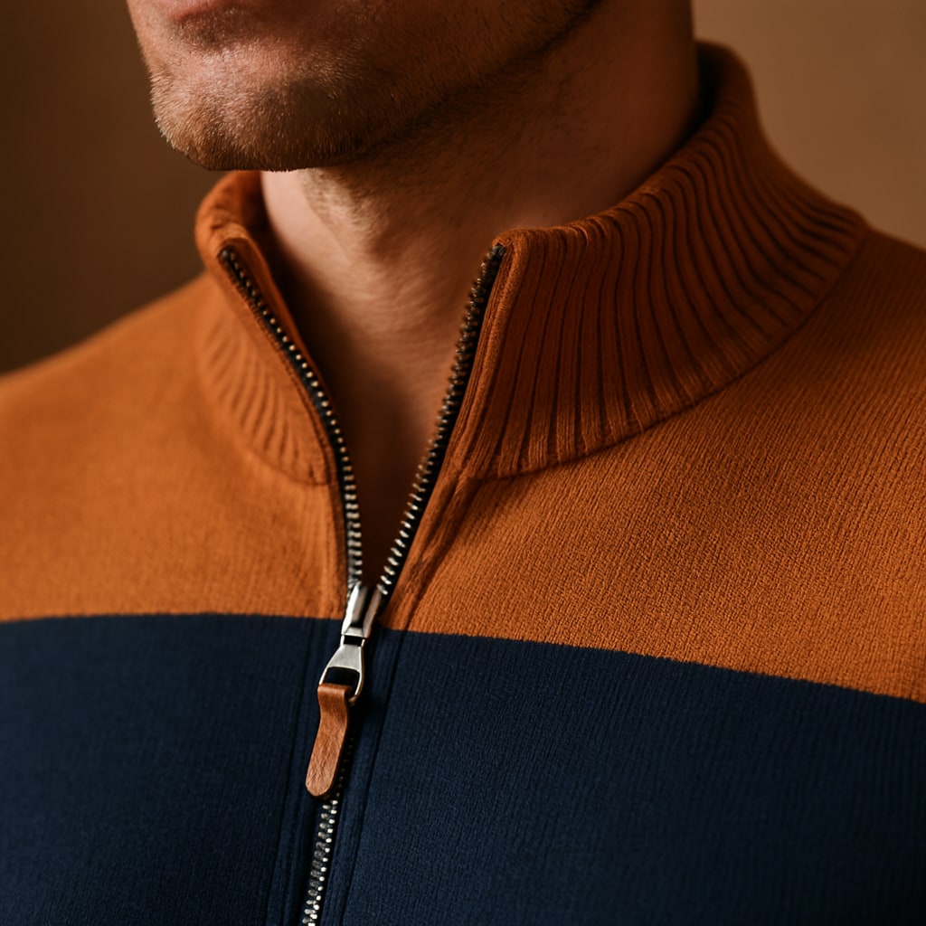 Close-up of the men's zip up knitted jumper showing the colour-block yoke and zip