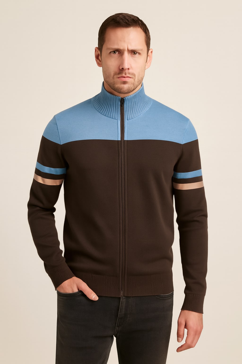 Men's Zip Up Knitted Jumper in light blue, textured full-zip knit, front view on a model