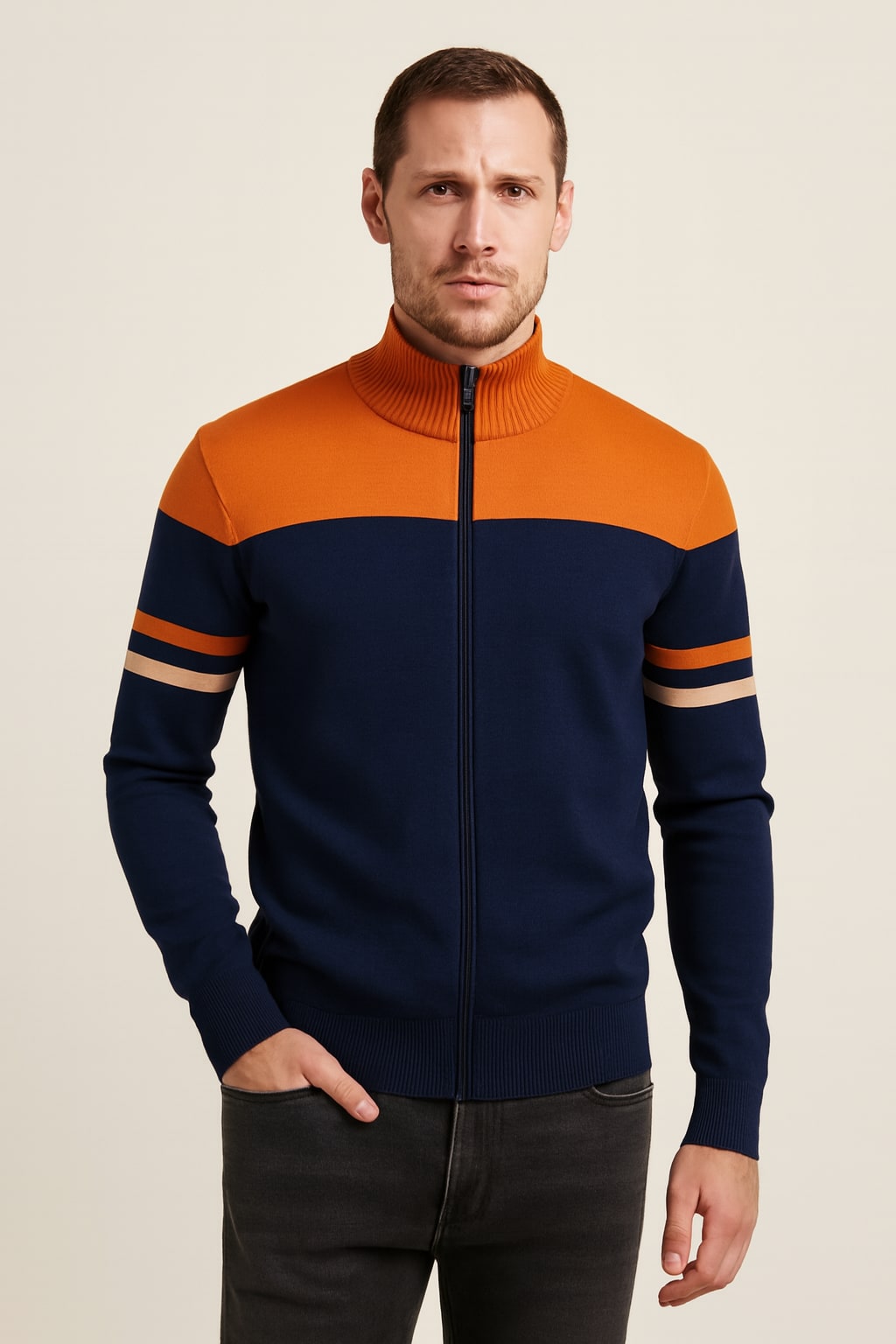 Men's Zip Up Knitted Jumper in orange, textured full-zip knit, front view on a model